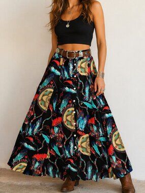 Vintage Roughrider Western Boho Button Front Maxi Skirt M Native Feather Print